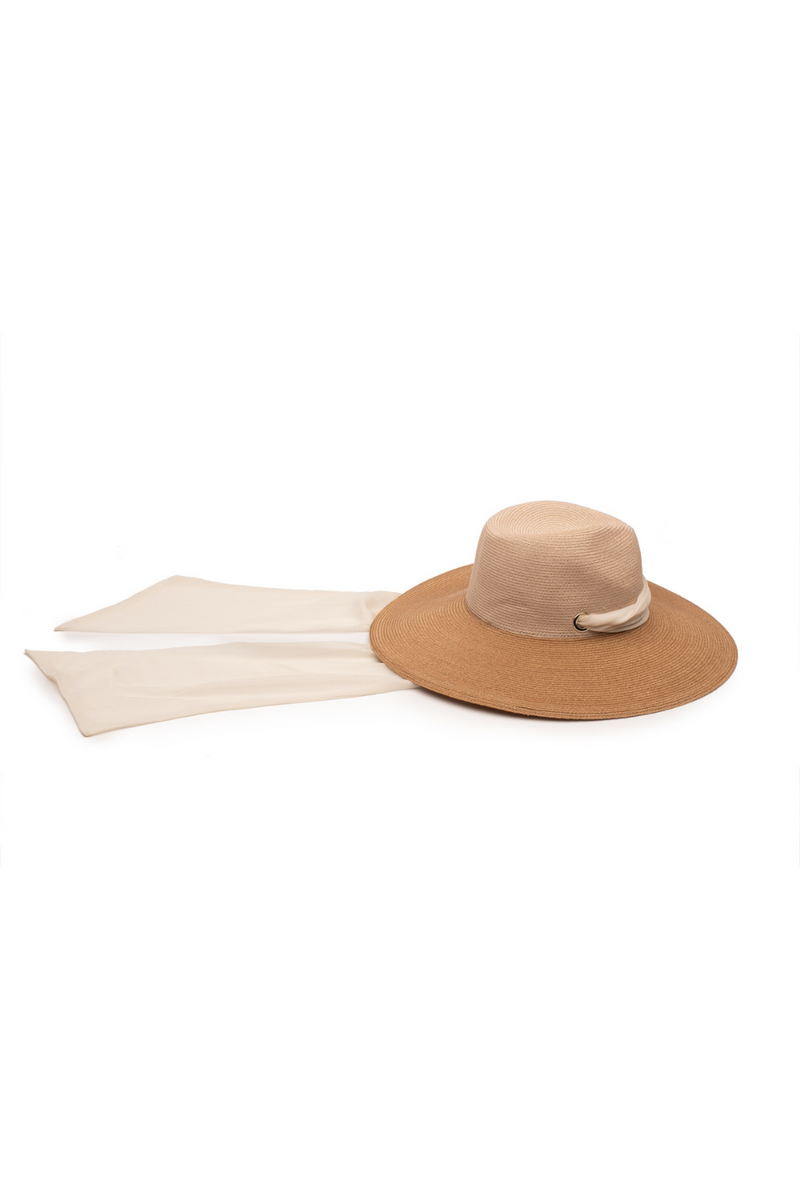 Eugenia Kim Cassidy Packable Straw Fedora - Camel with Cream Scarf